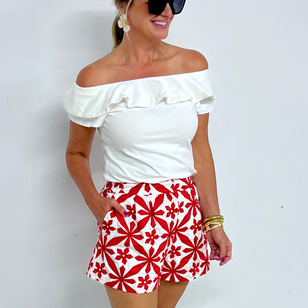 Summer Star Red Embroidered Shorts