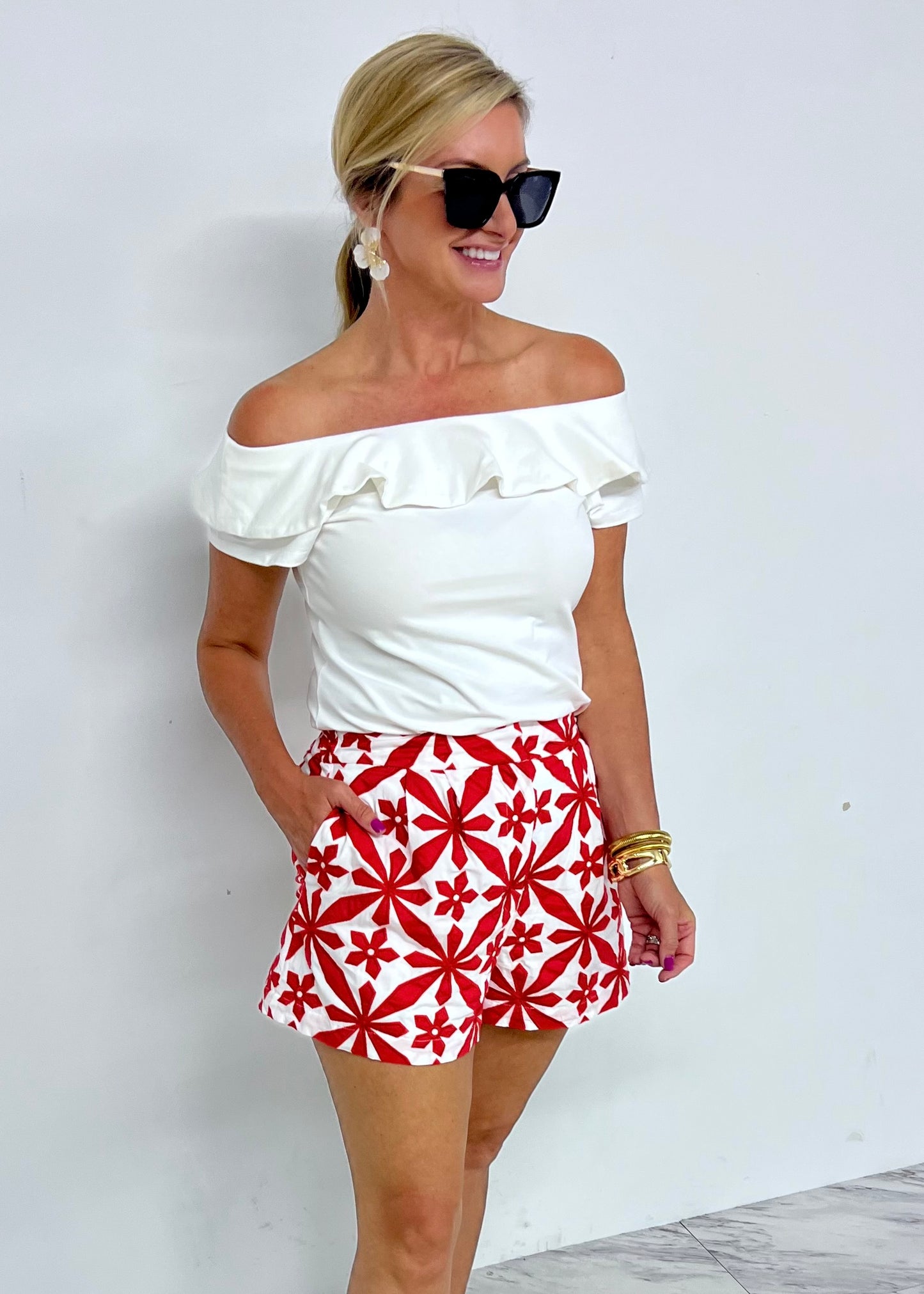 Summer Star Red Embroidered Shorts
