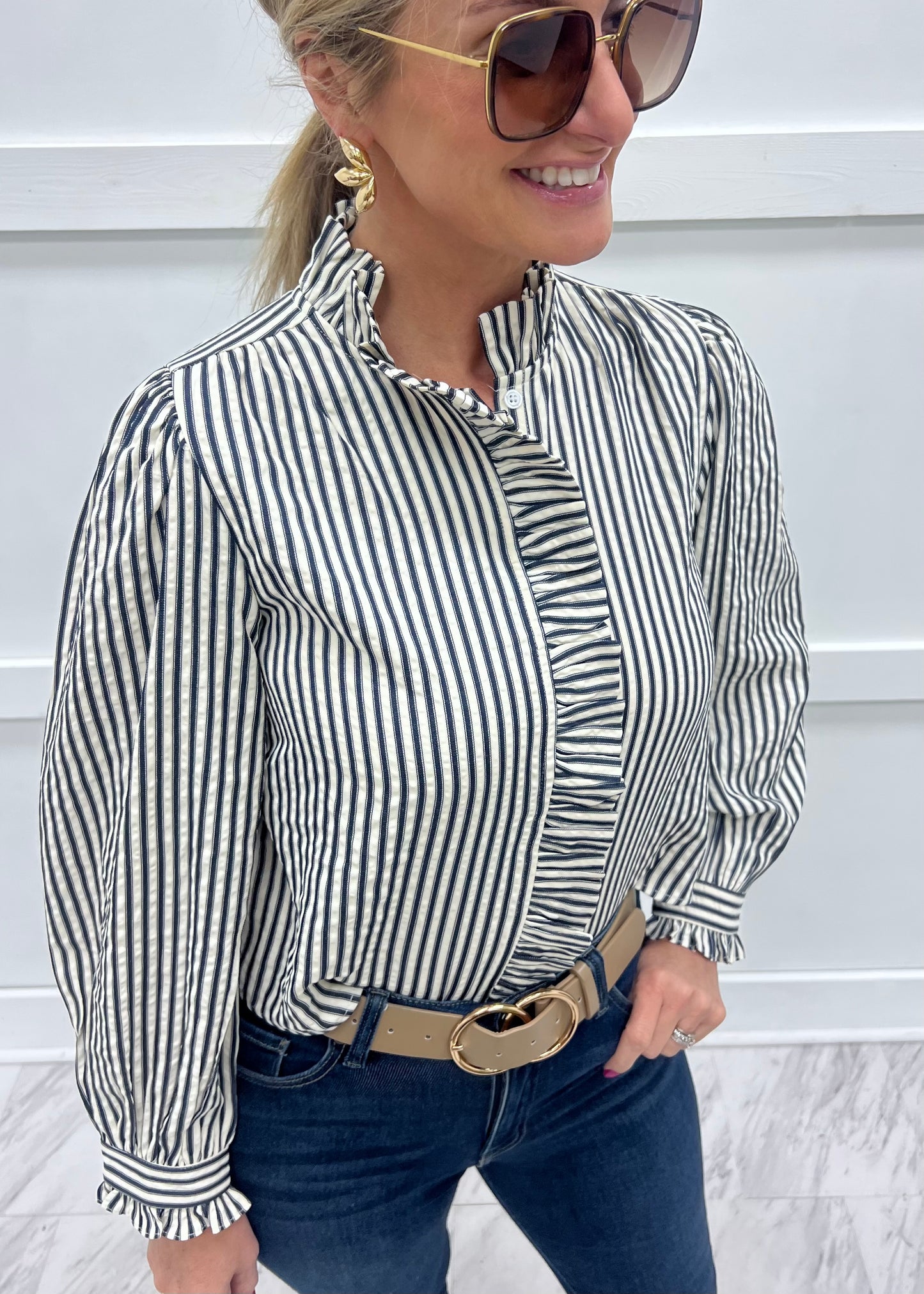 Sophie Stripe + Ruffle Top (Blue)