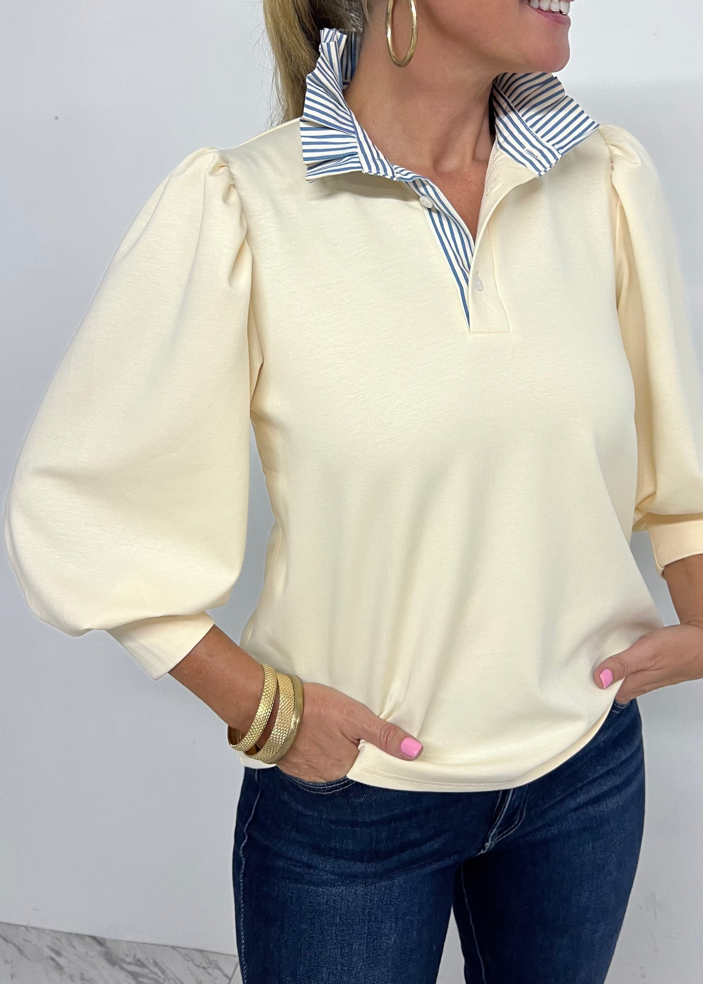 Sylvie Stripe Collar Top (Cream) – shop chartreuse