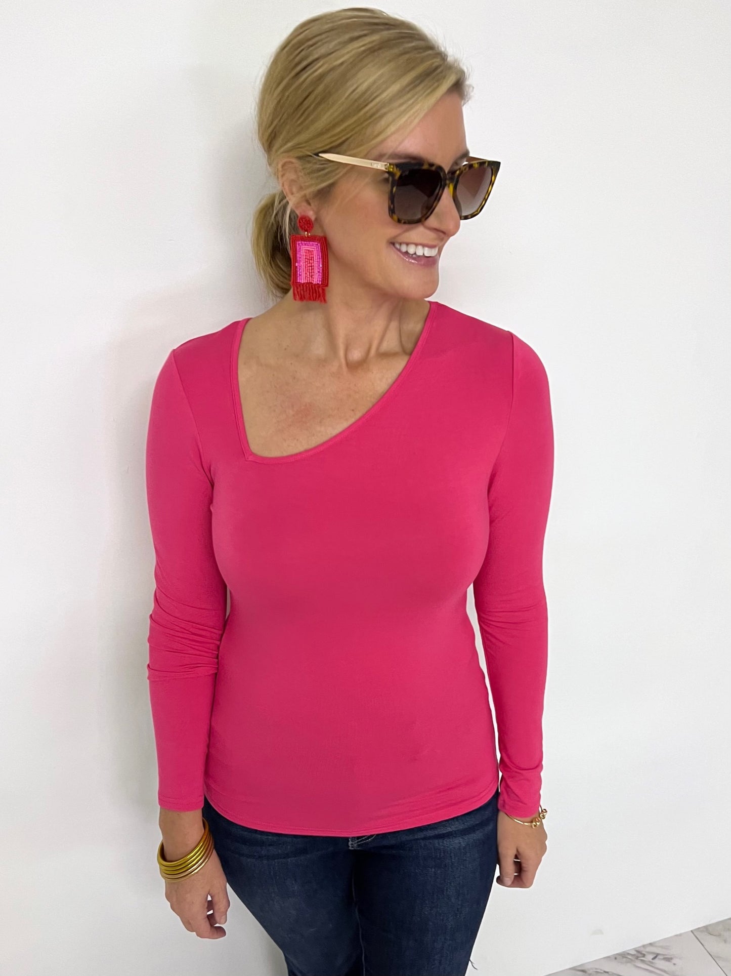 Chelsea Check Neck Top (Fuchsia) - FINAL SALE